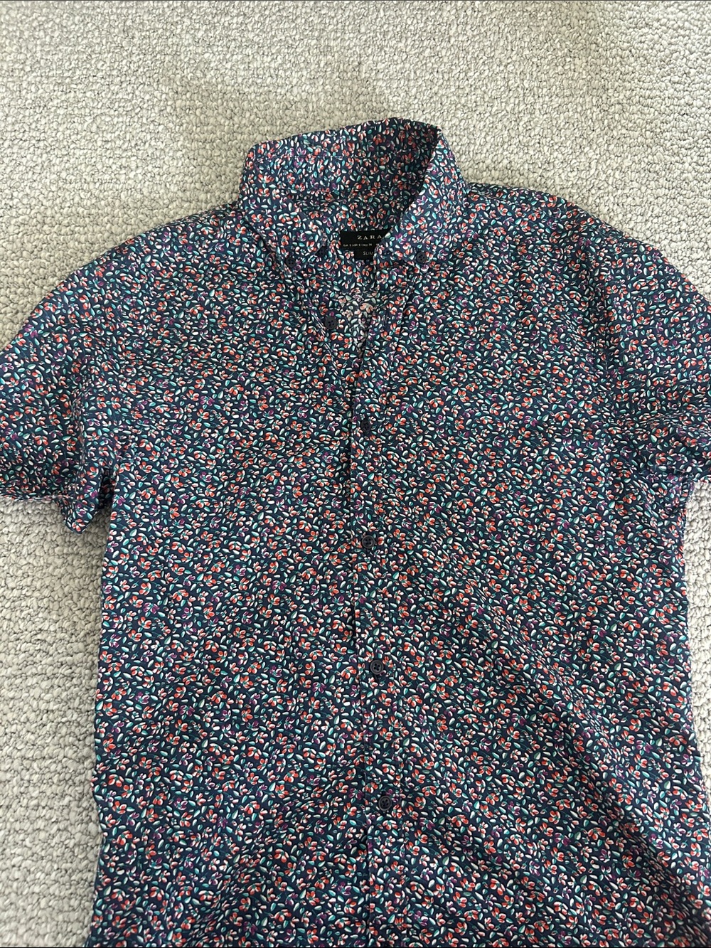 Zara Navy Multicolor Floral Short Sleeve Button-Down Shirt